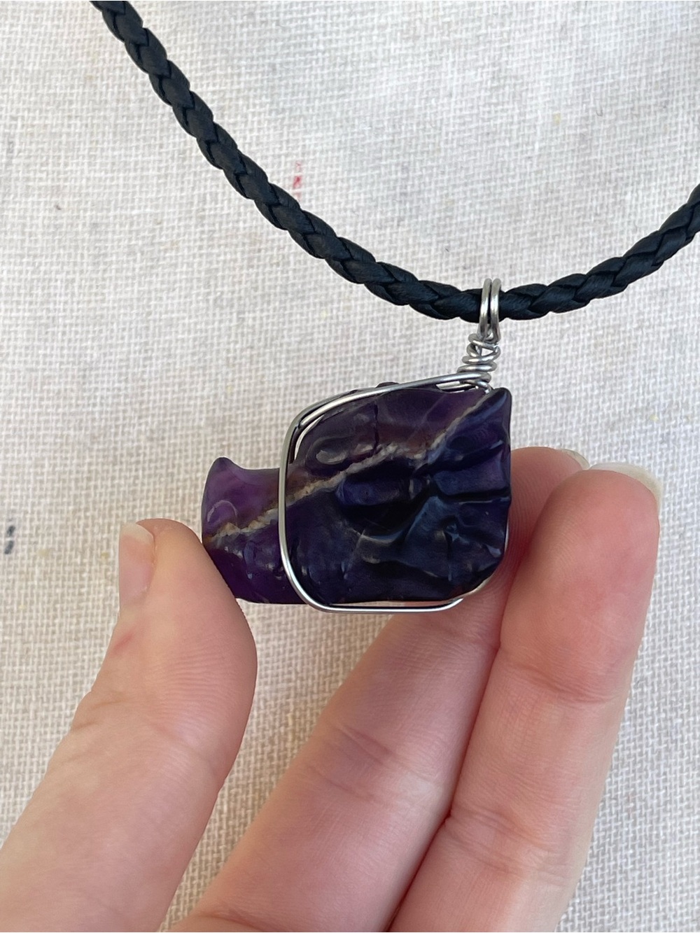Purple Amethyst Dragon Head Necklace Stainless Steel Wire Wrap on Black Cord
